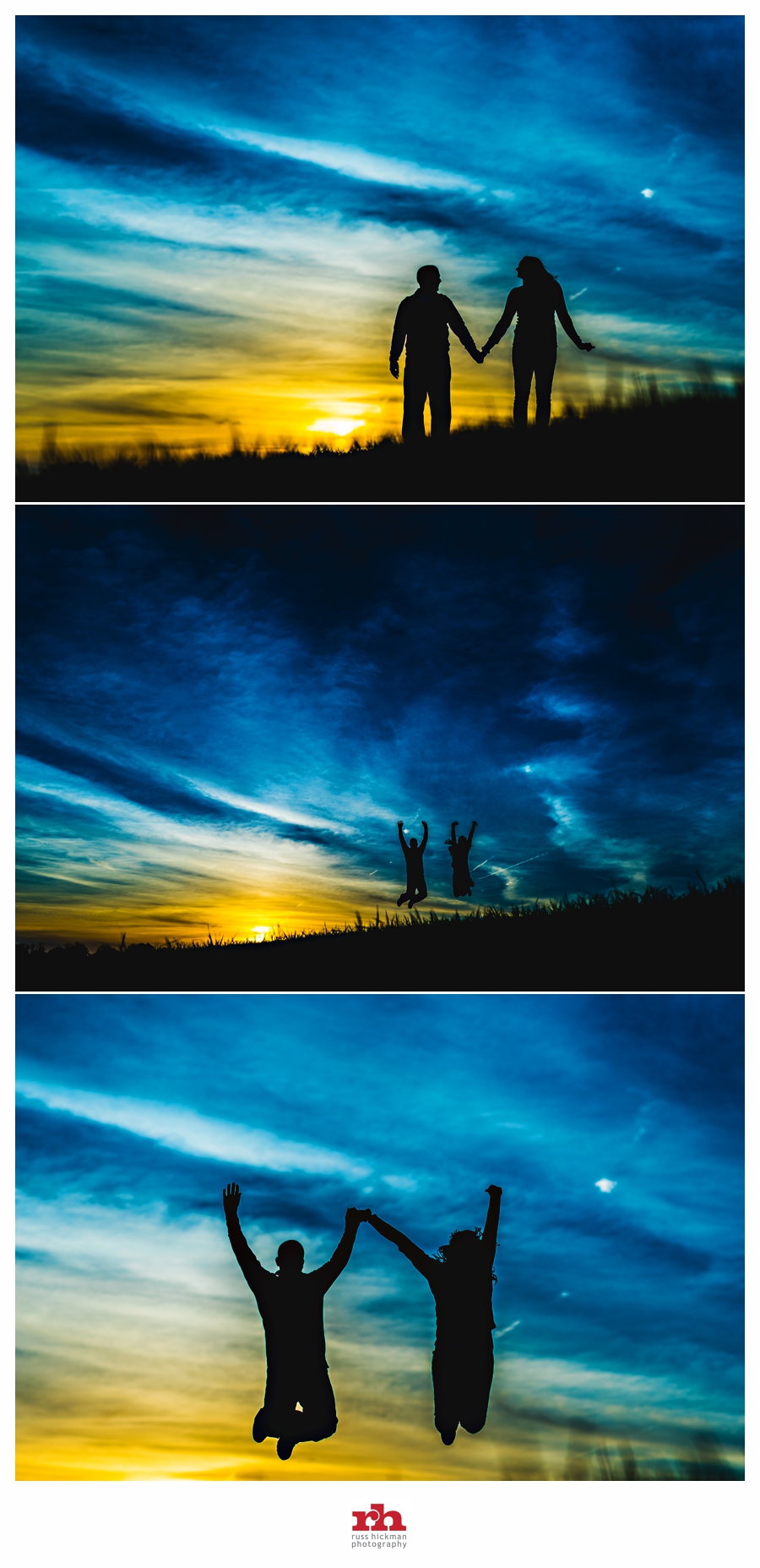 A Silhouetted couple jump during the sunset in their Philadelphia Engagement Session.
